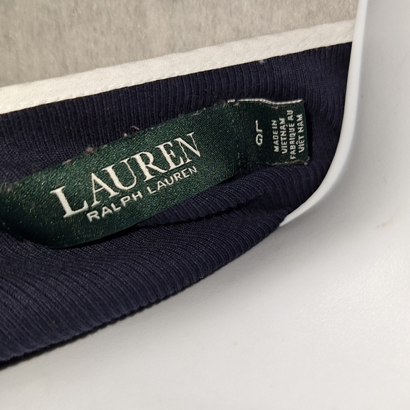 Lauren Ralph Lauren | Ribbed Flutter Sleeve Top - Navy Blue/White Trim - Picture 8 of 10